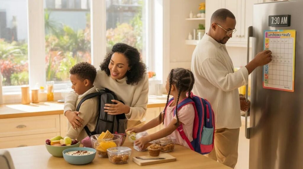 Mother helping her child prepare for school in the morning