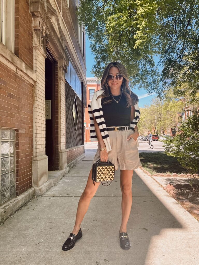 Linen shorts with fitted long sleeve top and loafers