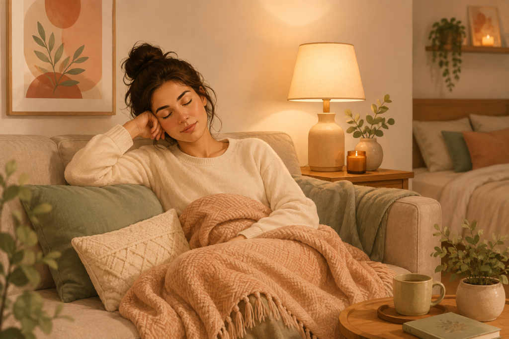Woman resting on a couch during a peaceful self-care moment.