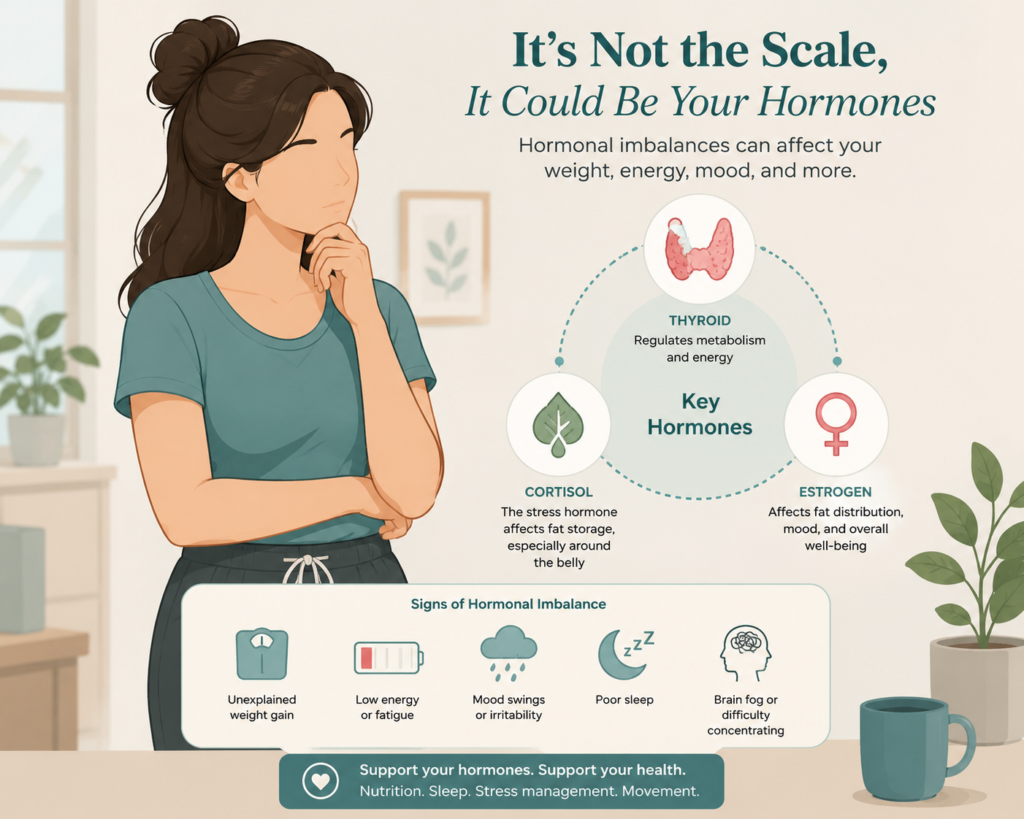 Woman learning about hormonal imbalance, thyroid, cortisol, and estrogen effects on weight after 30.