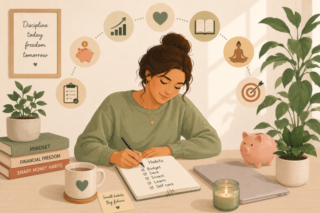 Woman practicing smart financial habits such as saving, budgeting, and managing money consistently.