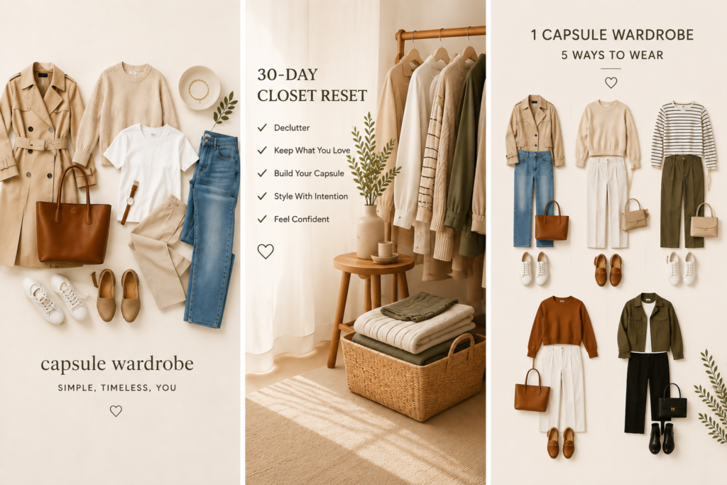 Minimalist capsule wardrobe with versatile outfits and organized closet.