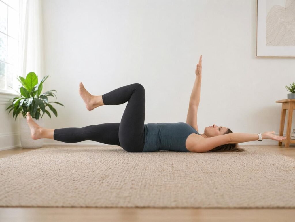 Woman doing a dead bug core exercise at home.