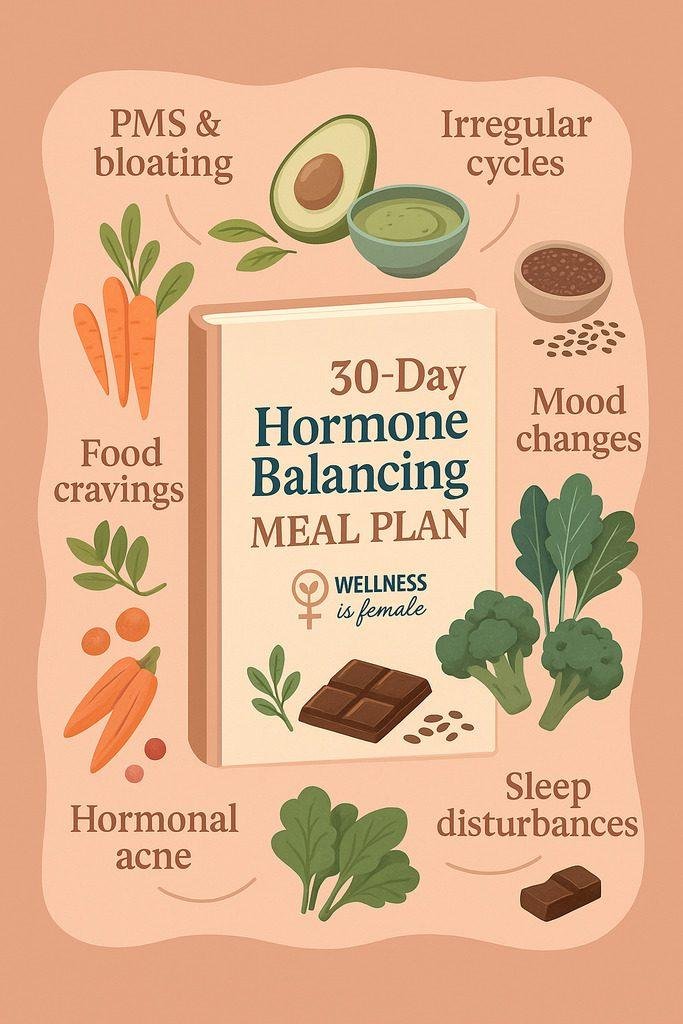 30-day hormone-balancing meal plan for PMS, cravings, mood, and sleep.