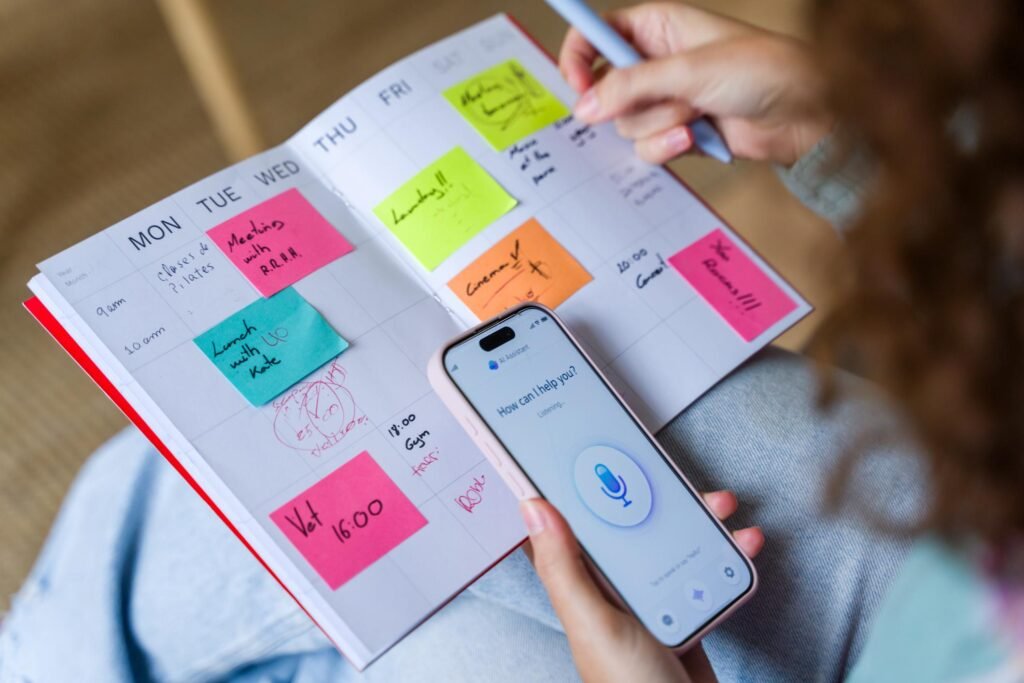 "Woman using an AI productivity app to manage her daily schedule and improve time management."