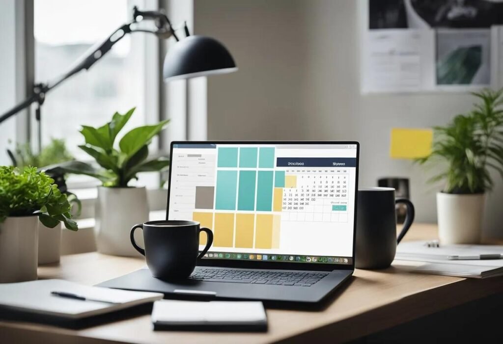 "Modern workspace featuring a laptop, digital planner, notebook, and coffee for AI-powered productivity."
