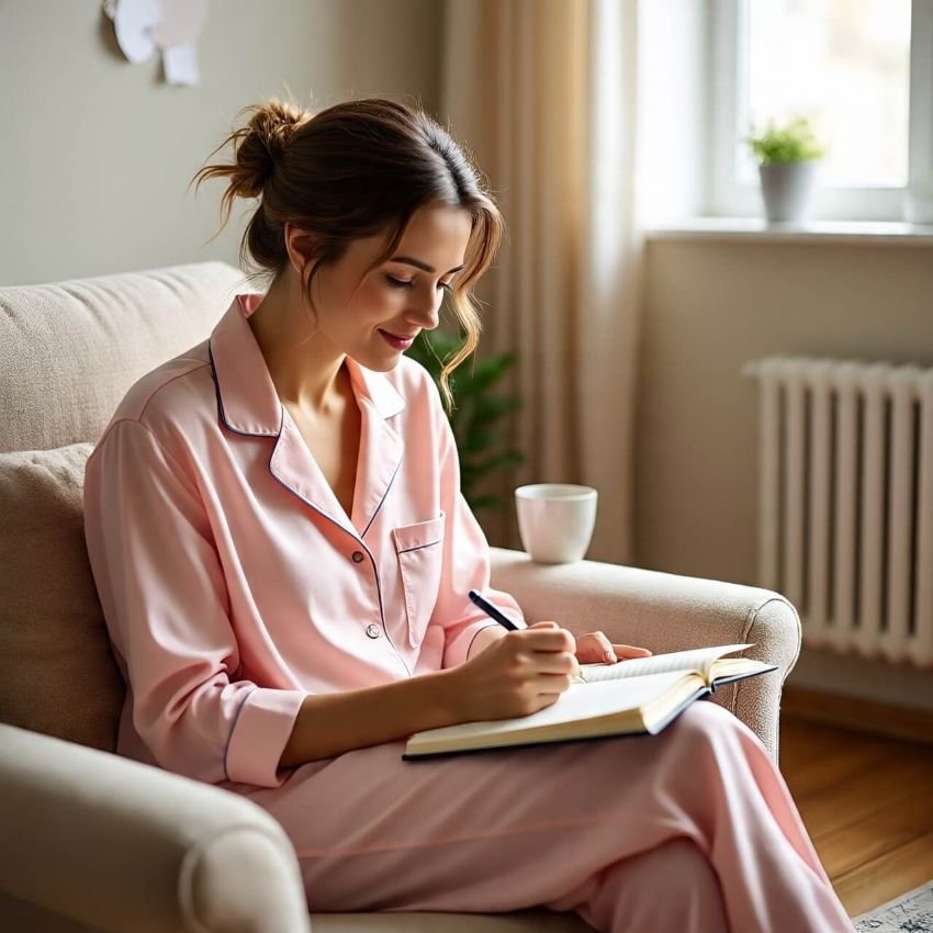 A woman writing down her thoughts in a notebook to reduce mental load and organize daily tasks.
