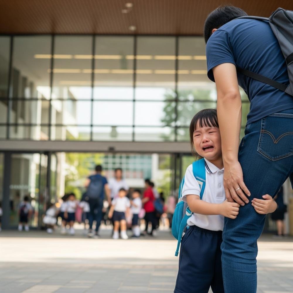 Mother comforting an anxious child during school drop-off