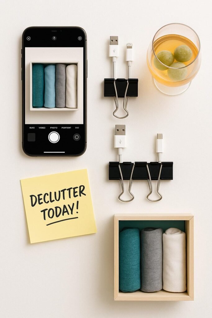 Phone and accessories arranged for digital decluttering