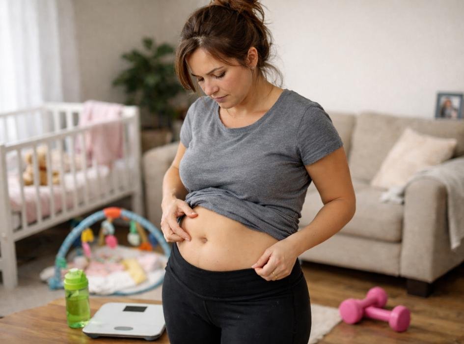 Woman checking her postpartum belly at home years after giving birth.